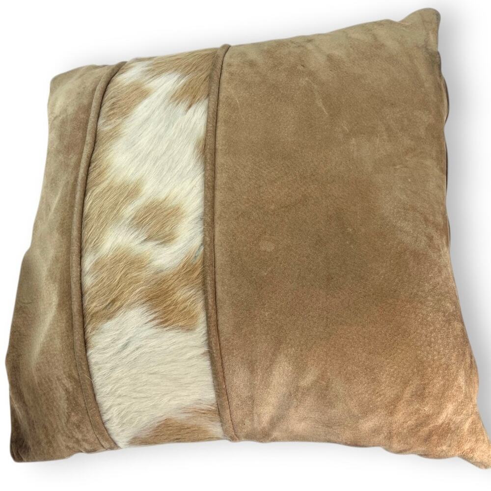 Suede beige ivory cowhide leather calf hair throw pillow 17" Cow Print Western